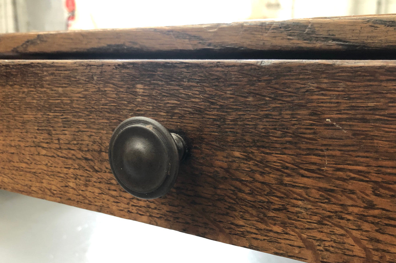 French Elm & Oak Farmhouse Table With Tapered Legs & Drawers