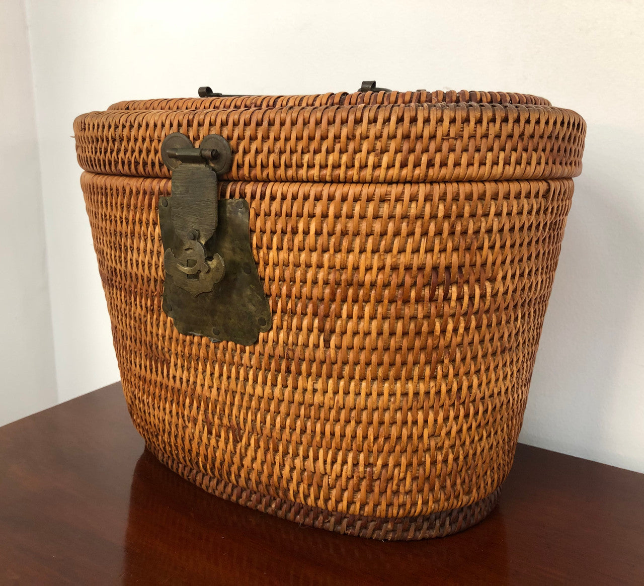 Beautiful Antique Cane Basket With Metal Handles & Latch