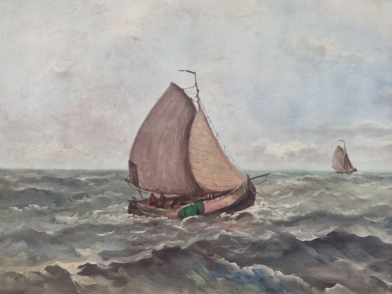 Beautiful 19th century French school oil on canvas of a ship in rough seas and framed beautifully in an ornate frame in good condition.