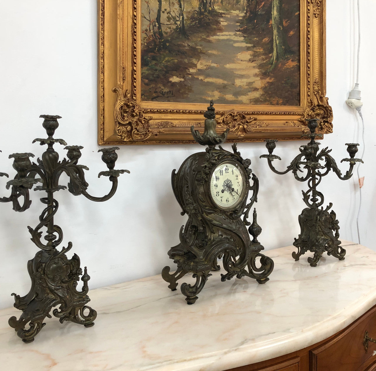 French Three Piece Gothic Style Bronze Clock Set