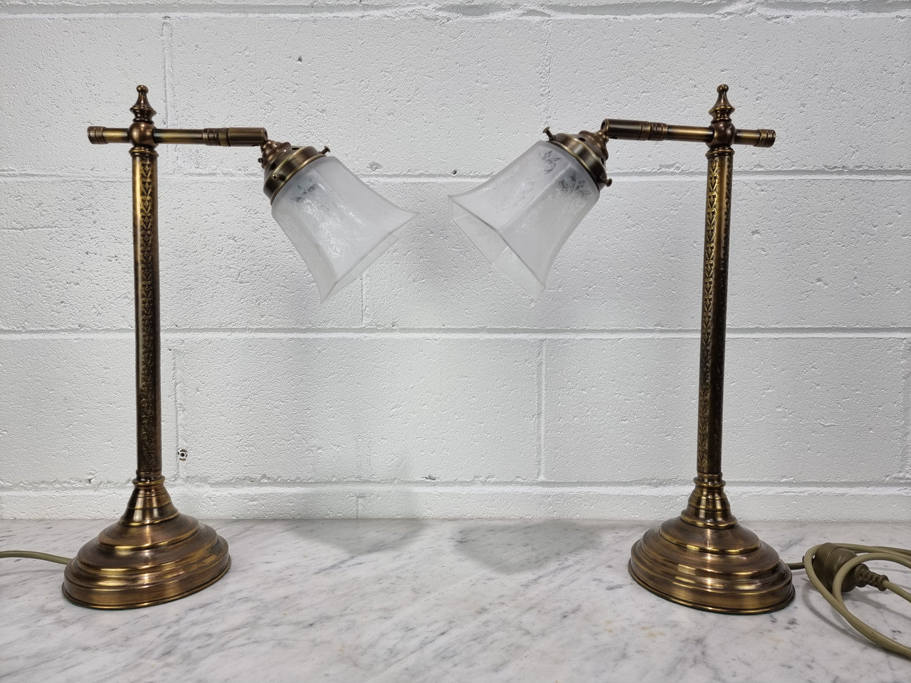 Pair of French Antique style table lamps with glass shades. In very good condition and in working order.