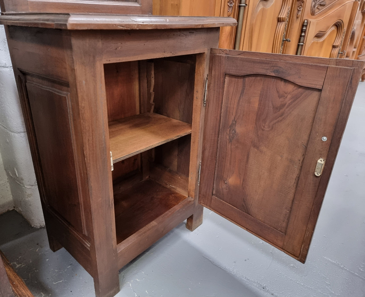 Lovely entrance piece with shelf and single door cupboard, topped with a section for hanging jackets, hats etc. Sourced from France and in good original detailed condition.