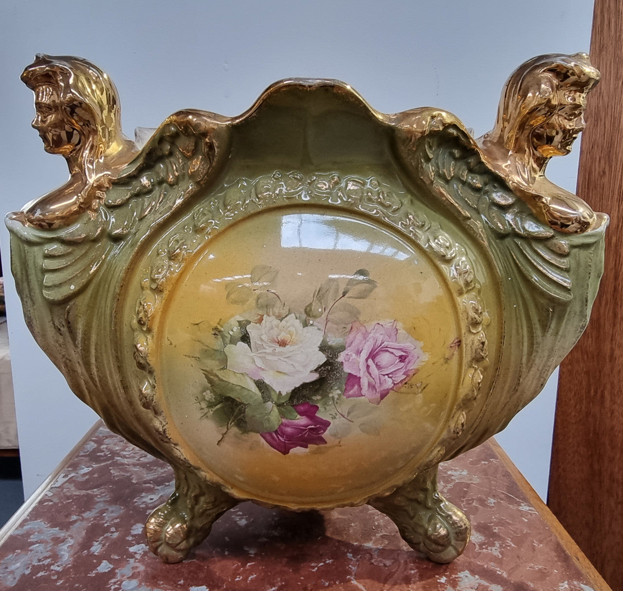 Large late Victorian English jardinière featuring three women figureheads. In good condition some loss to gilding on the figureheads, place view photos as they help form part of the description.