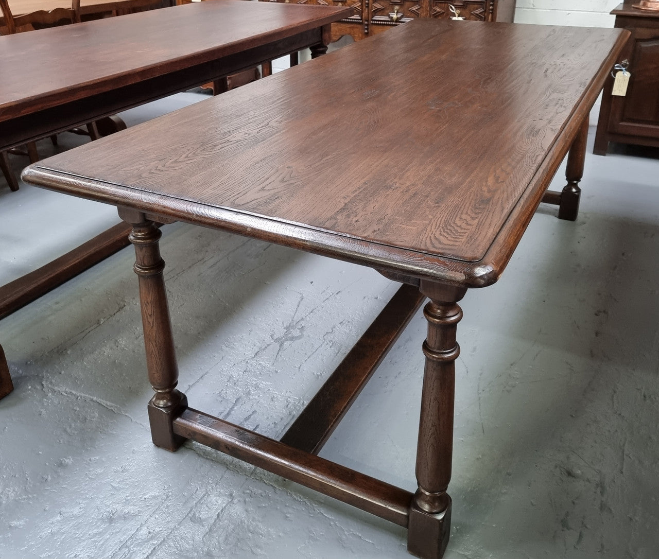French Dark Oak Farmhouse Style Stretcher Base Dining Table