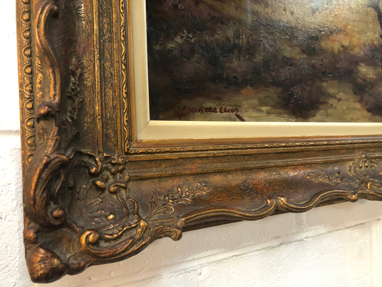 Sensational "Moody" oil on canvas landscape painting in a ornate gilt frame. In good original condition.