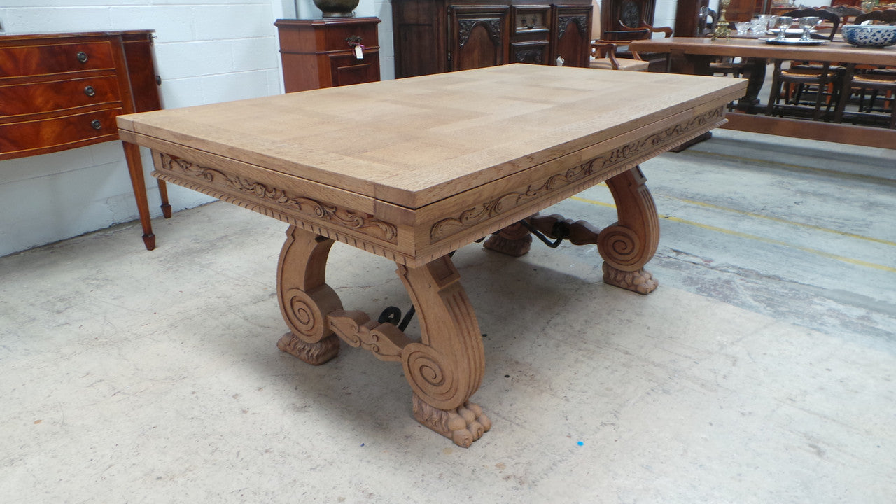 Antique French Oak Spanish Style Parquetry Top Extension Table