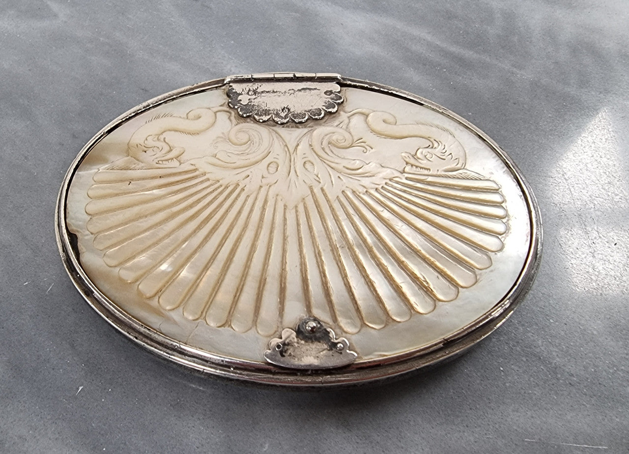 Stunning Oval Georgian Silver & Carved Mother of Peral Snuff Box
