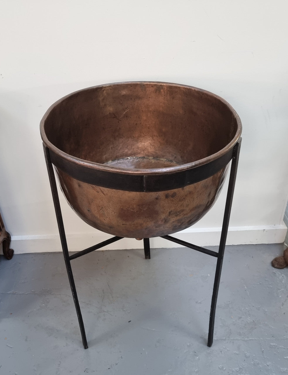 Fabulous Antique French copper pot on a solid iron stand in good original detailed condition. see photo for full description of condition.