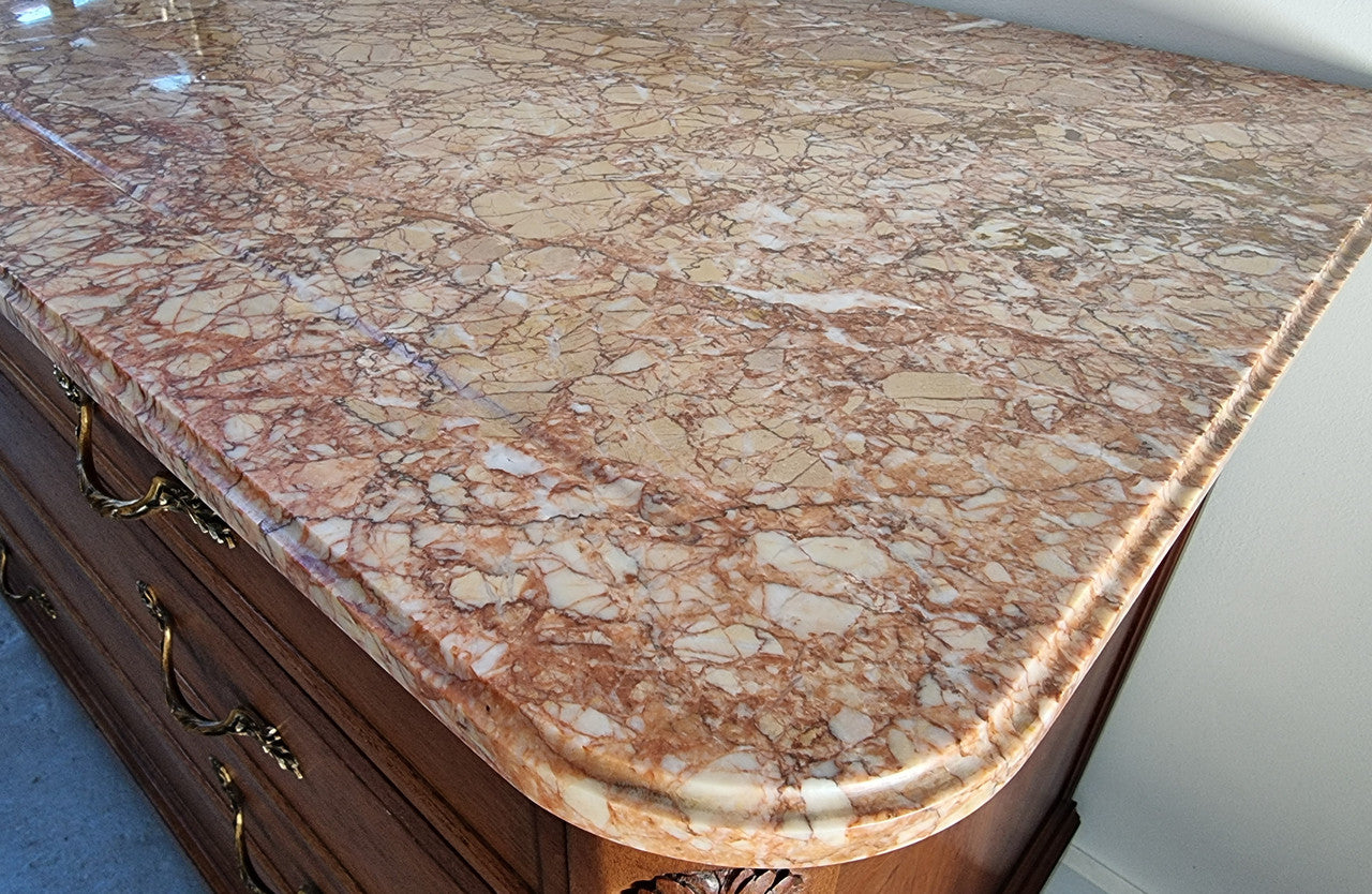 French Louis 16th style Walnut marble top commode. It has a beautiful marble top and has five drawers. In good original detailed condition. Please note keys are not included.