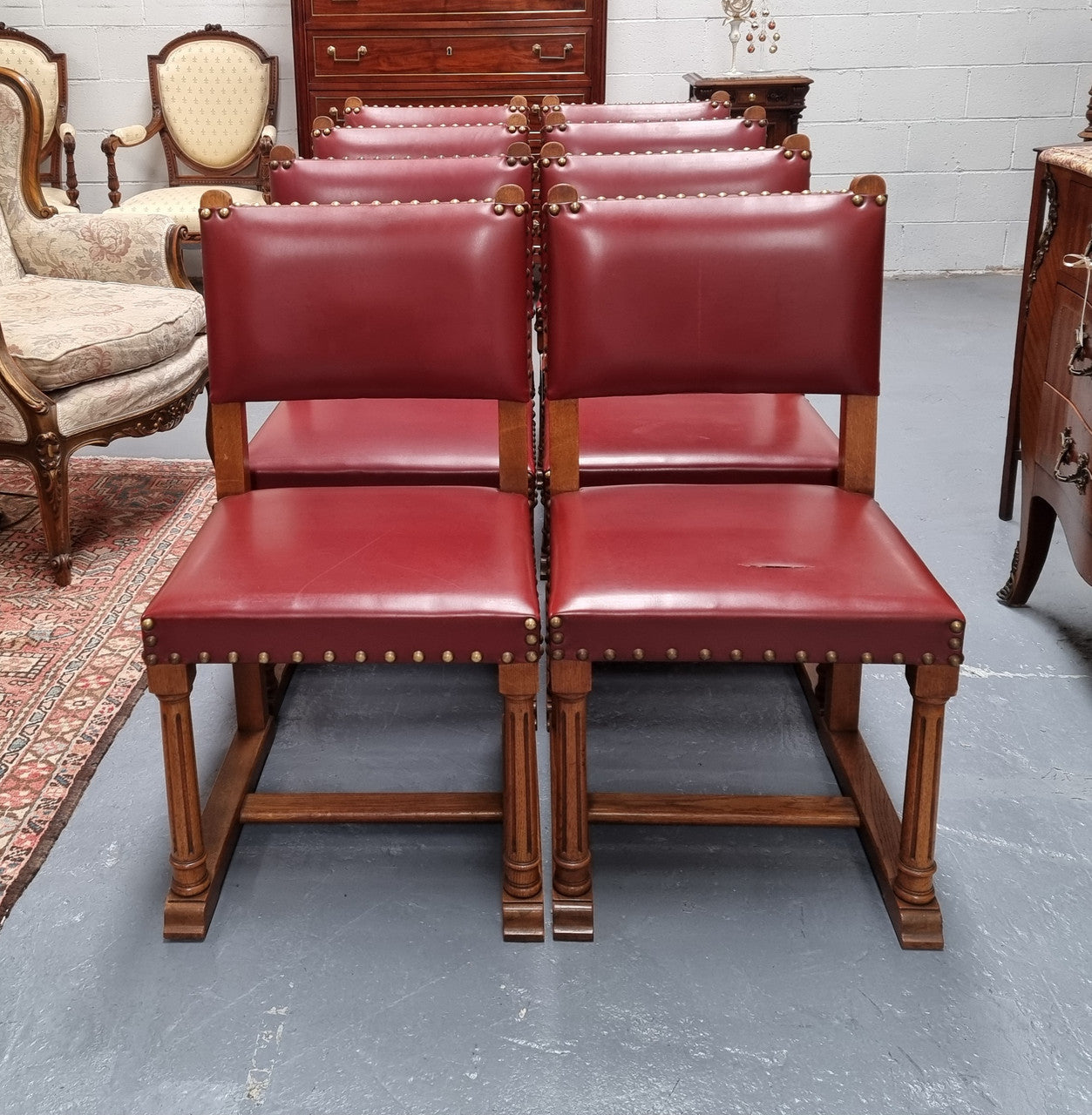 Set Of Eight Oak Upholstered With Faux Leather Dinning Chairs