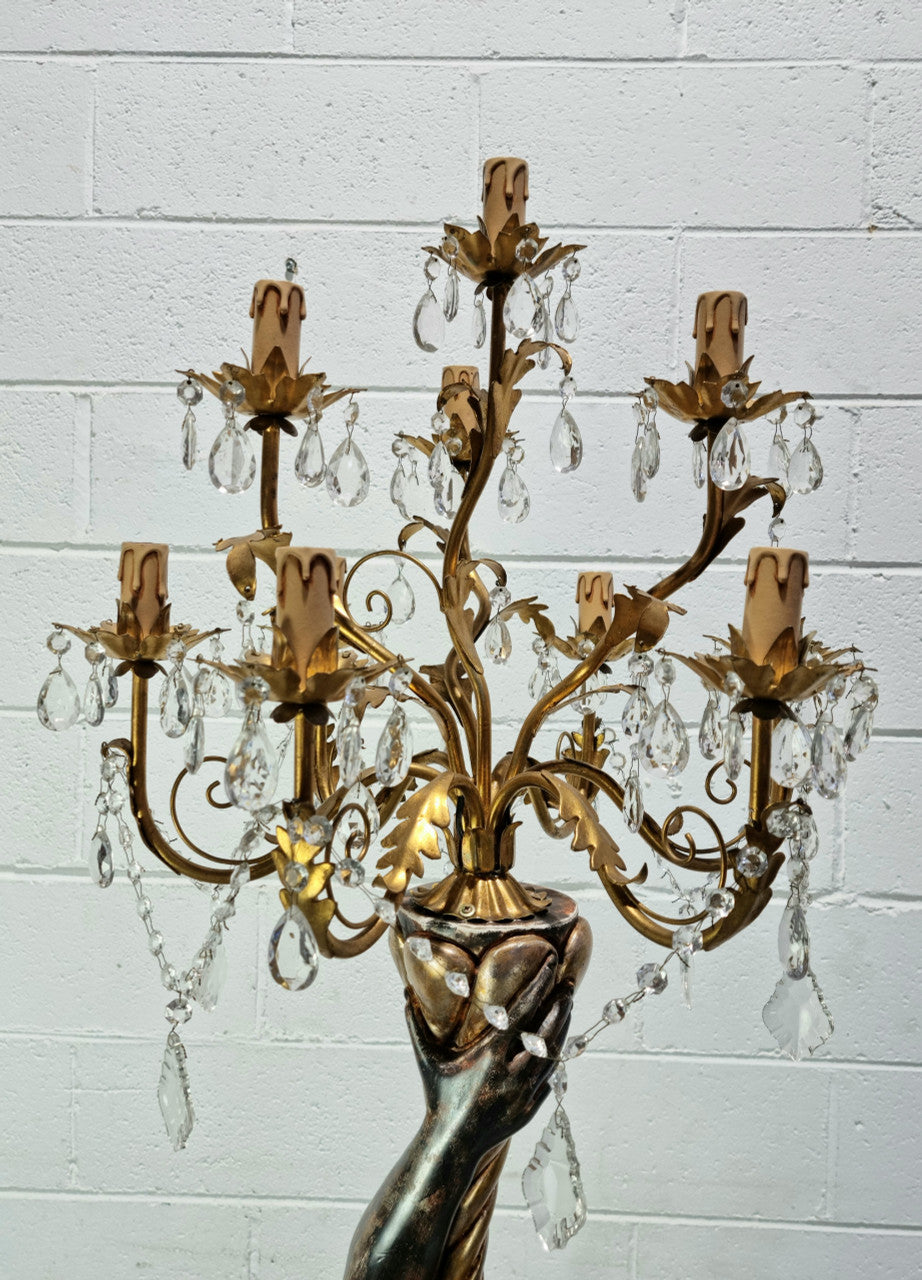 19th Century Italian Wooden Blackamoor lamp sourced in France. Made from carved wood painted & gilded. Amazing detail of a man playing a horn that then turns into a chandelier while riding a mythological sea serpent It has been fully rewired to Australian standards.