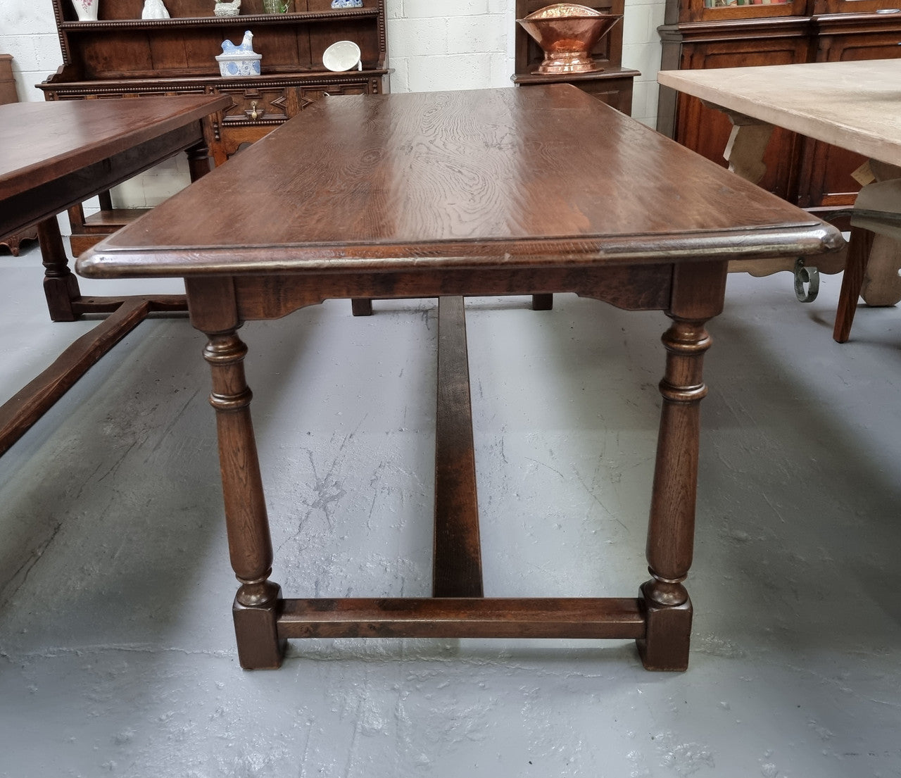 French Dark Oak Farmhouse Style Stretcher Base Dining Table