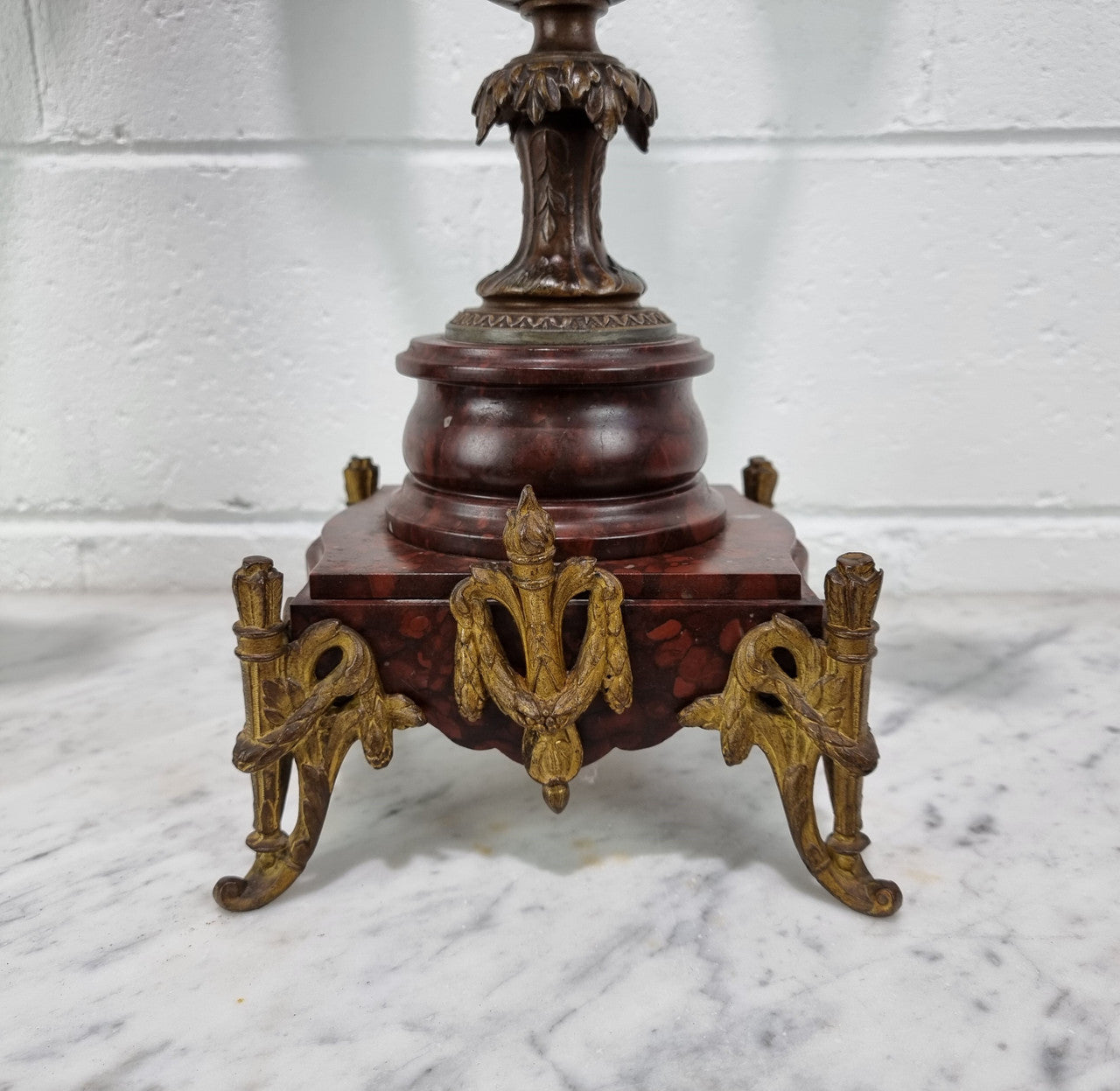 Pair of decorative Antique French spelter and marble candelabras. in very good original detailed condition.