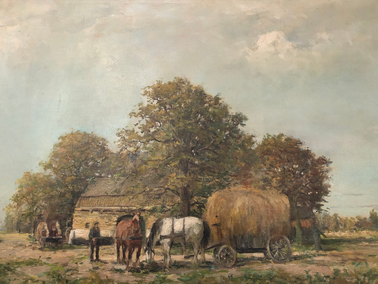 French oil on canvas of a beautiful farm scene in a lovely ornate frame, and in good original condition.