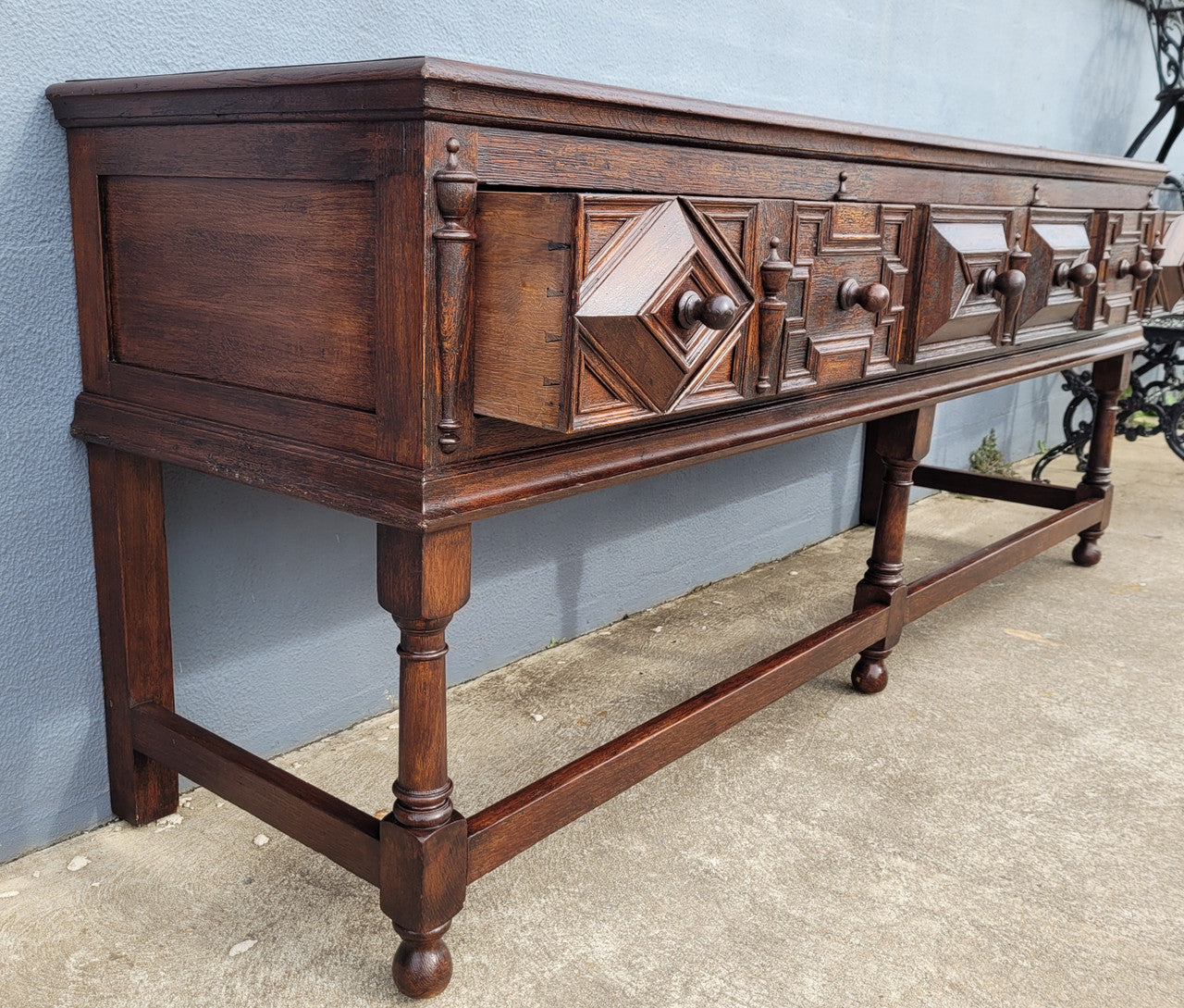 19th Century French Oak Henry the 2nd style console/side table/ TV unit with two drawer with beautiful carvings. It is in good original detailed condition.