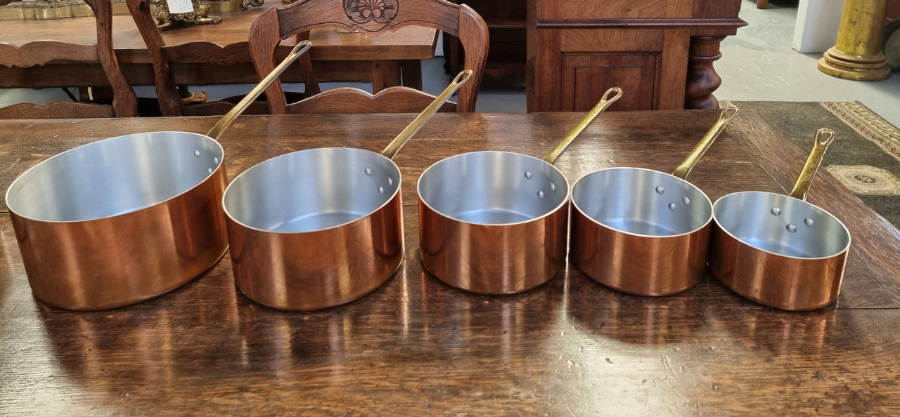 Set of Five French Vintage Copper & Brass Saucepans. They are in amazing original condition.