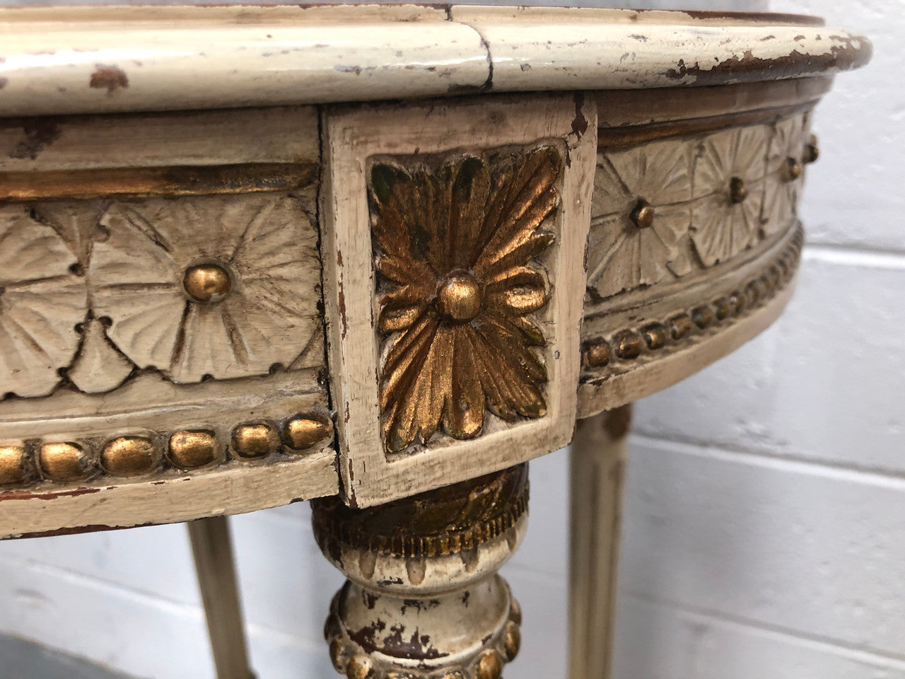 French Late 19th Century painted and gilded Walnut marble top occasional table. In good condition. CIrca 1900.