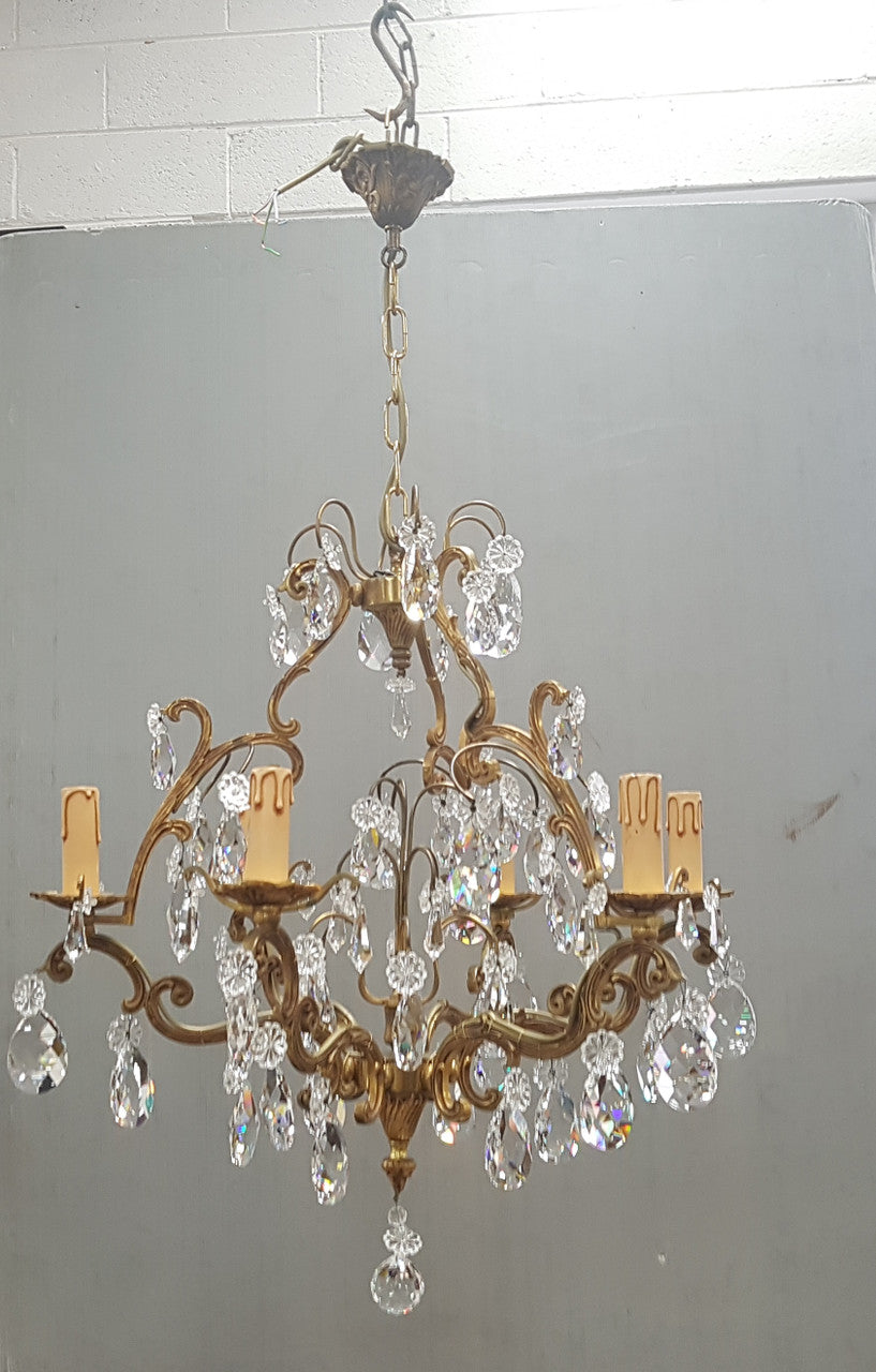 French Brass & Crystal Six Arm Candle Light Chandelier