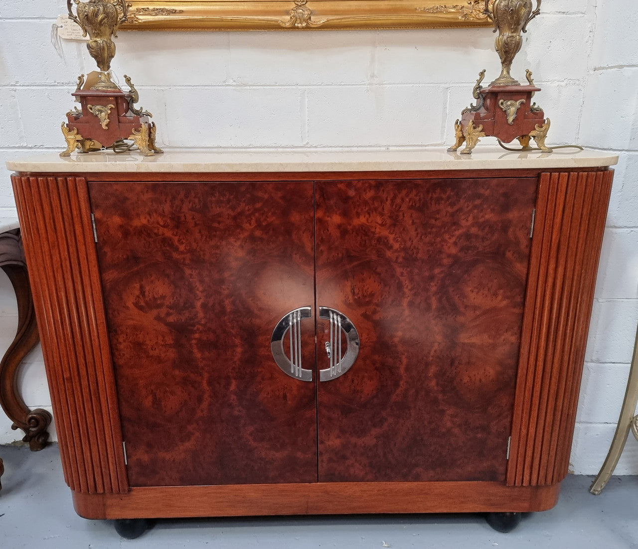 Beautiful Bespoke Art Deco style Walnut and Mahogany marble top buffet. In good original detailed condition.