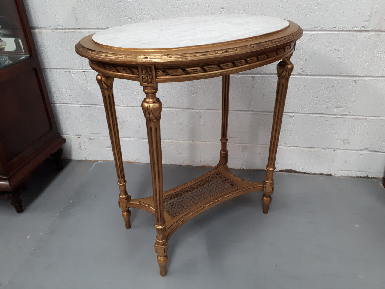 Antique French 19th century Louis XVI style oval inset marble top & giltwood salon/side table. In good condition. Circa 1890.