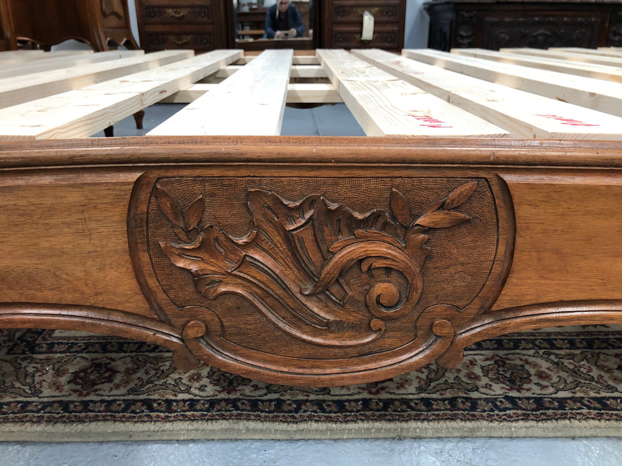 French Walnut Louis XV style queen size bed. Comes with custom made slats, all you need to is place you mattress on top.