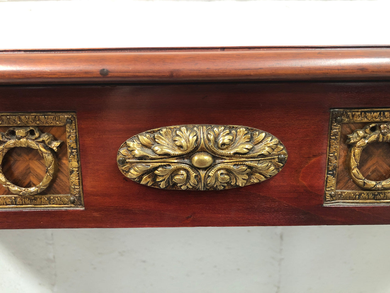 Fully restored decorative French style mahogany console table, with beautiful ormolu mounts and in very good condition.