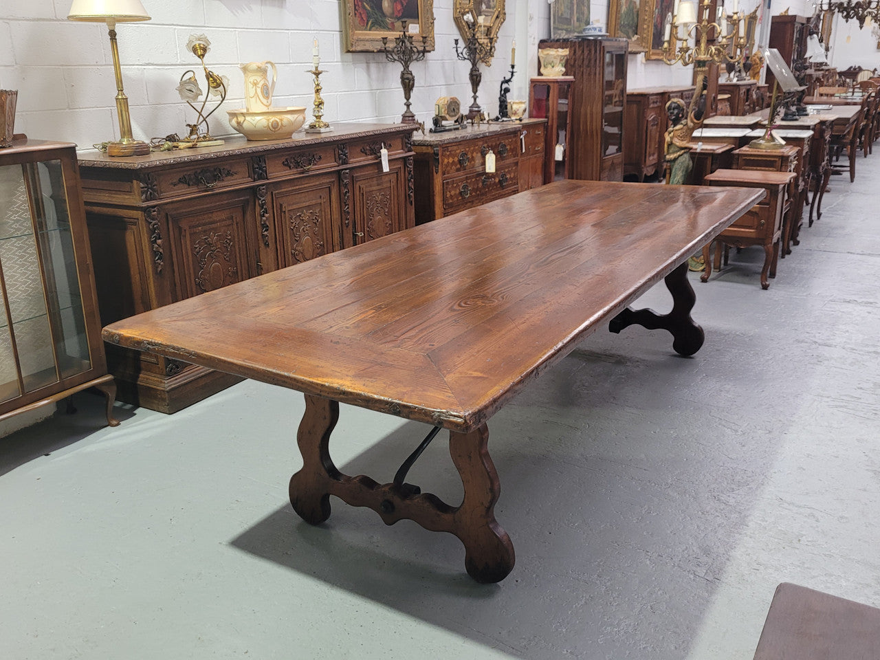 Hard to find three meter Spanish style dining table with a width of 108 cm. Made from reclaimed elm and Oregon with nice iron work. Can easily sit 10-12 people and is in good original detailed condition.