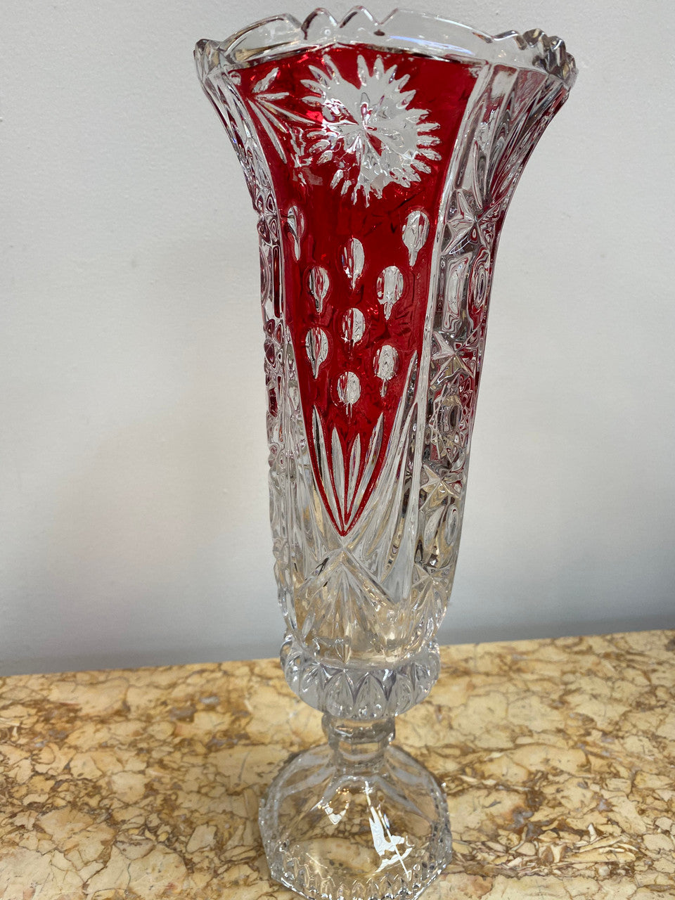 Vintage flash ruby crystal vase with some losses to ruby flashing.