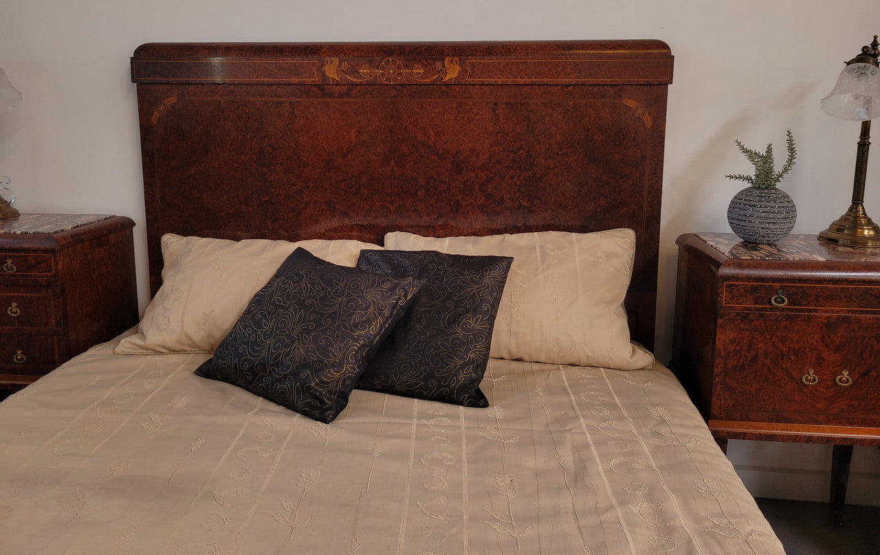 French Art Deco bedroom suite consisting of queen size bed in Amboyna wood and featuring pretty inlay. It comes with a matching pair of bedsides. It is a very stylish and high quality suite. It has been sourced from France and is in good original detailed condition.