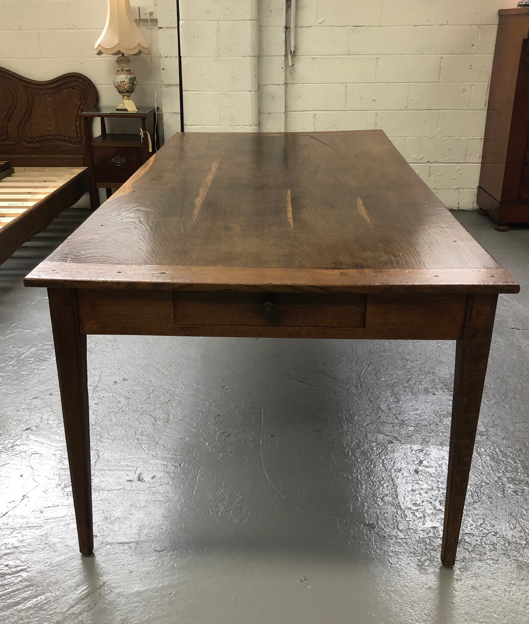 French Elm & Oak Farmhouse Table With Tapered Legs & Drawers