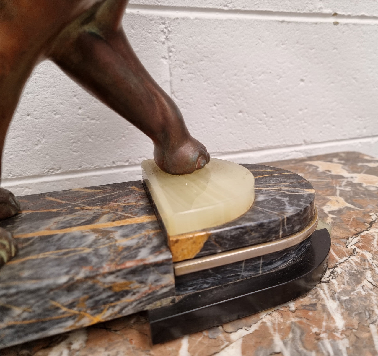 "Irenee Rochard" Art Deco Elephant and Panther statue on a beautiful marble base. Signed on the Elephants leg and sourced from France. It is in good original detailed condition.