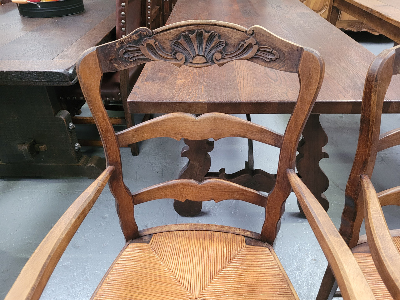 Pair Louis XV Style Oak Rush Seated Carver Chairs