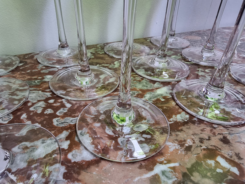 Beautiful set of 12 Vintage emerald green hand made wine glasses. Possibly Italian or French. They are in good original condition with no chips or cracks.