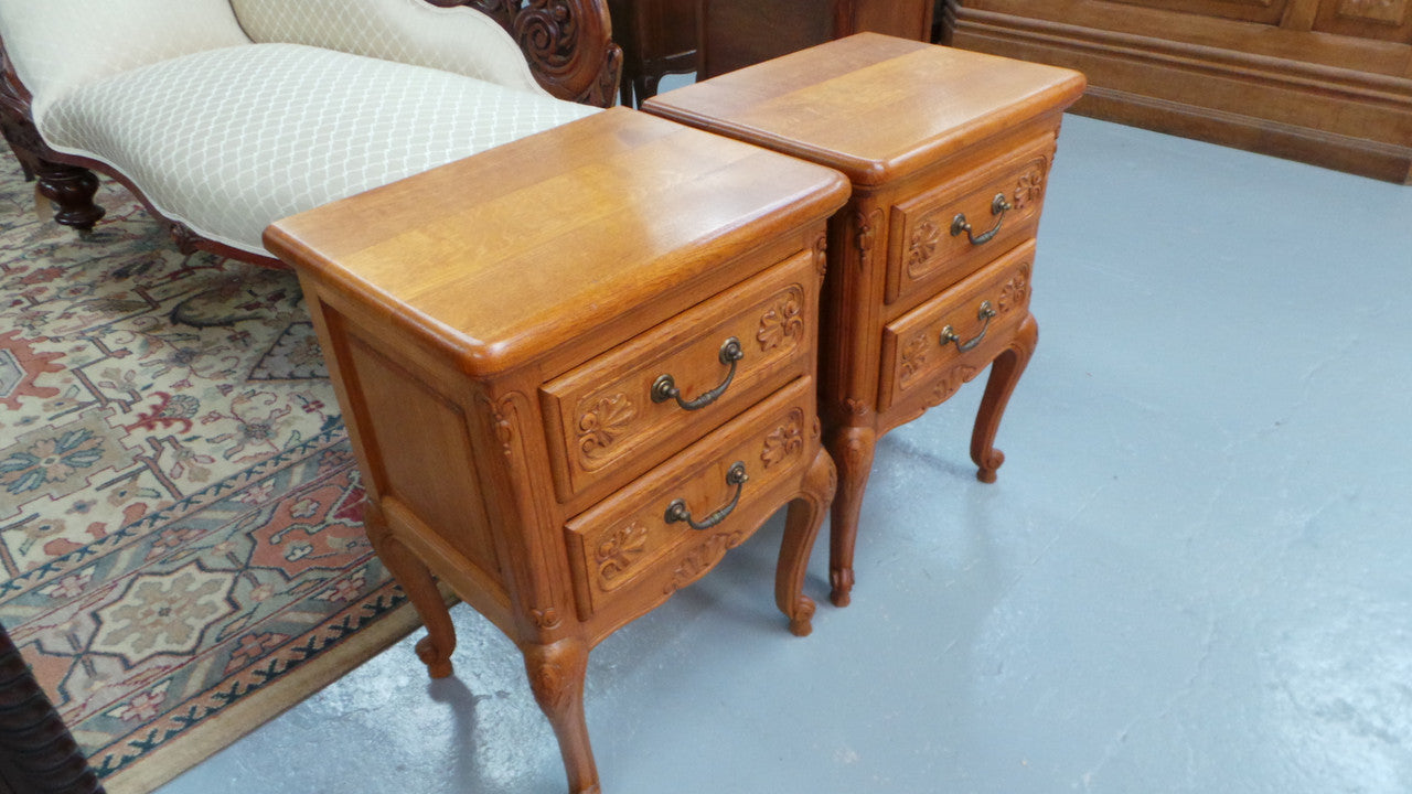 Beautiful Pair of Louis XV Style Light Oak Bedside