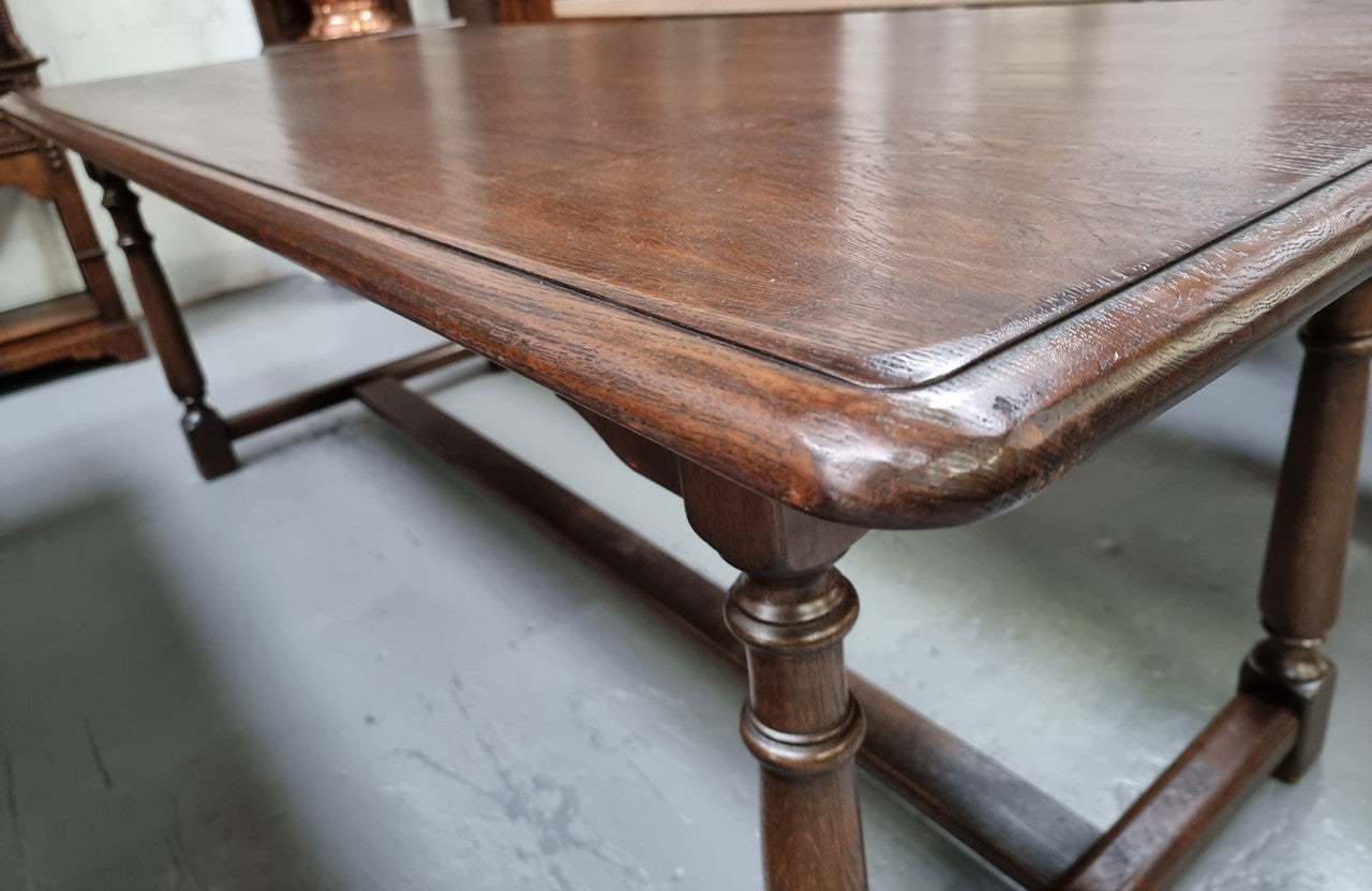 French Dark Oak Farmhouse Style Stretcher Base Dining Table