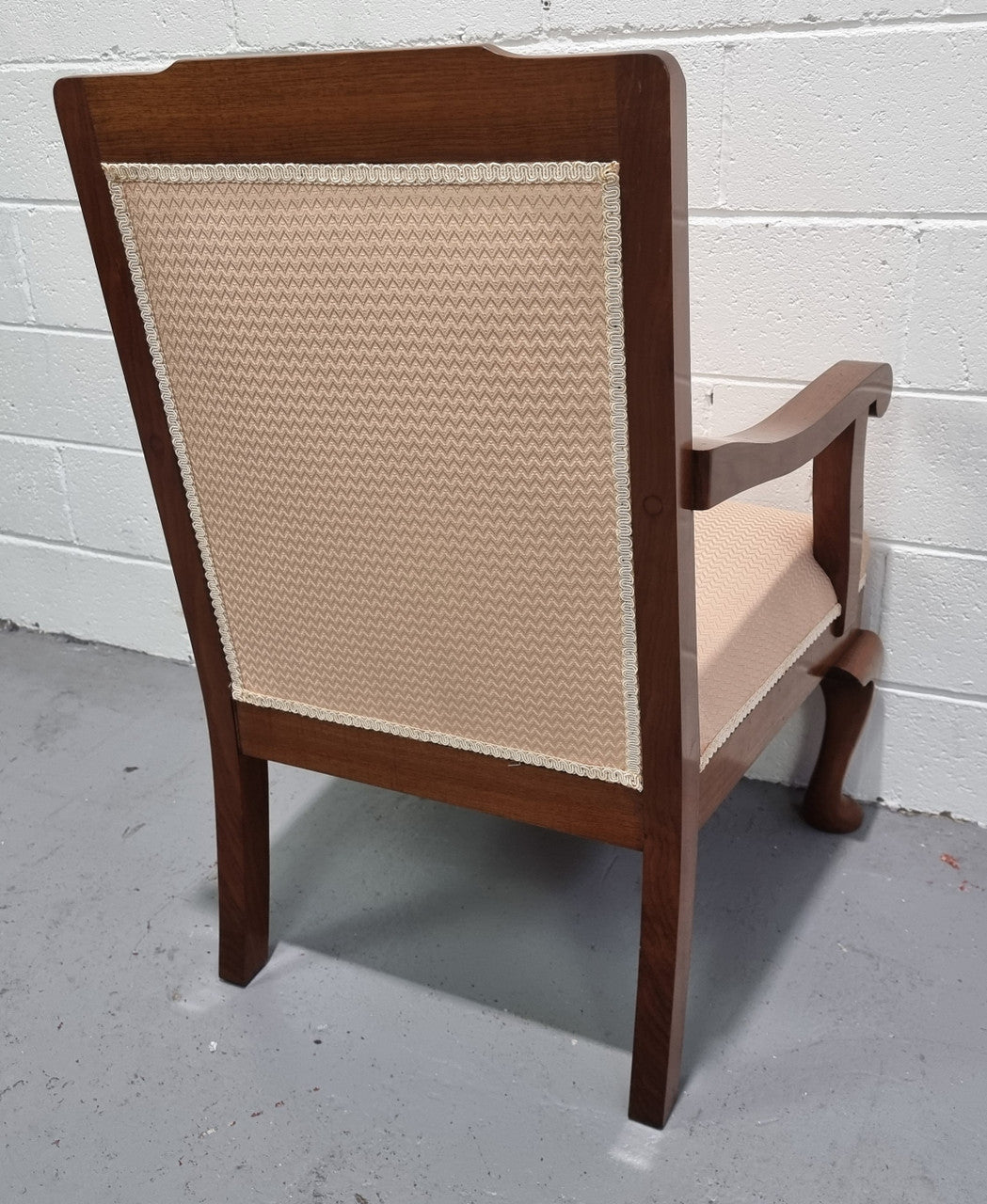 Australian Fiddleback Blackwood upholstered armchair with queen anne legs. In good original condition.