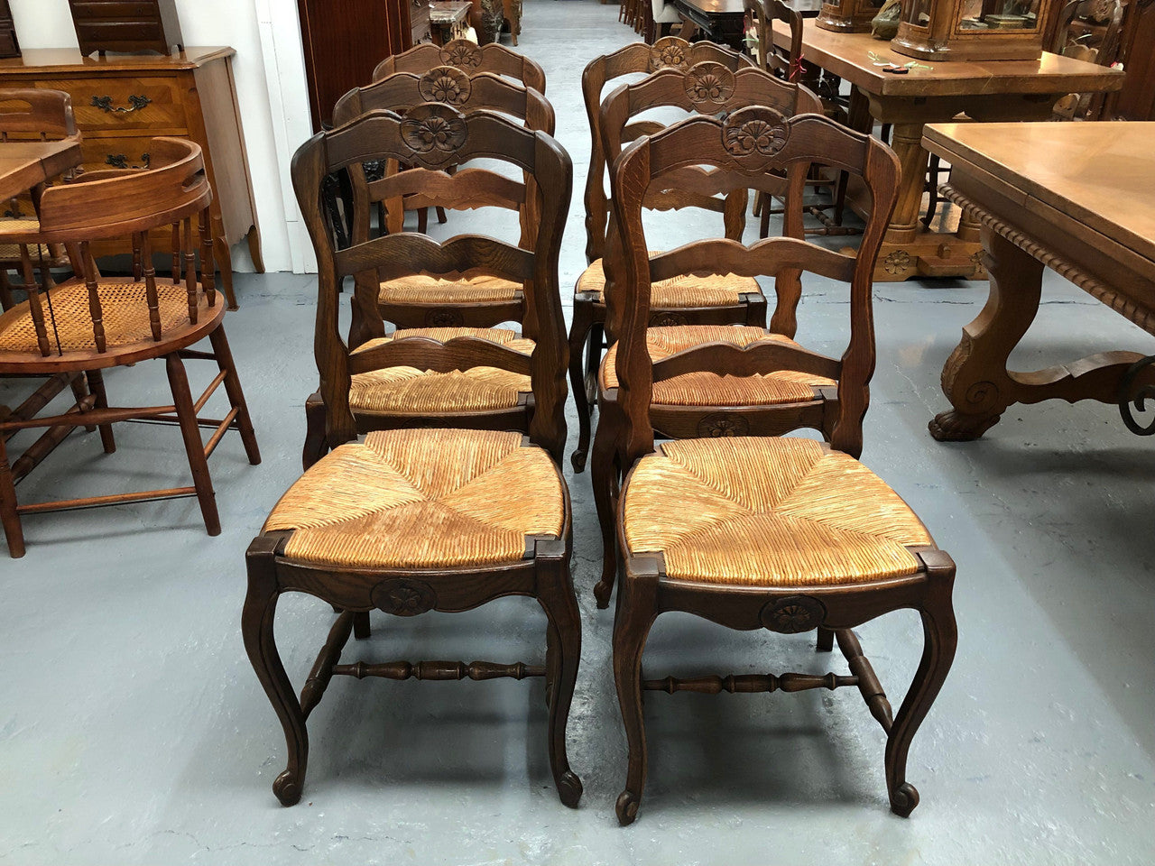 Lovely Set Of Six French Oak Rush Seat Dining Chairs
