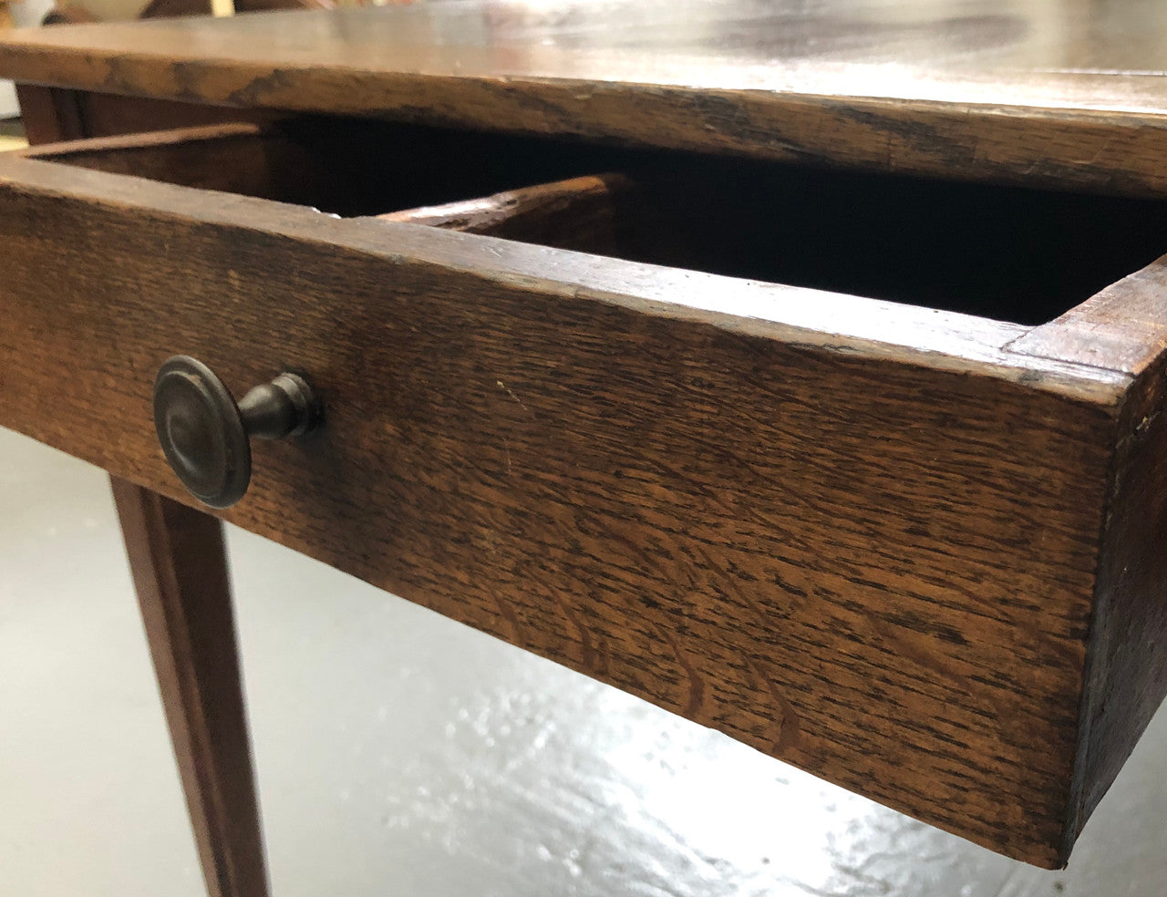 French Elm & Oak Farmhouse Table With Tapered Legs & Drawers