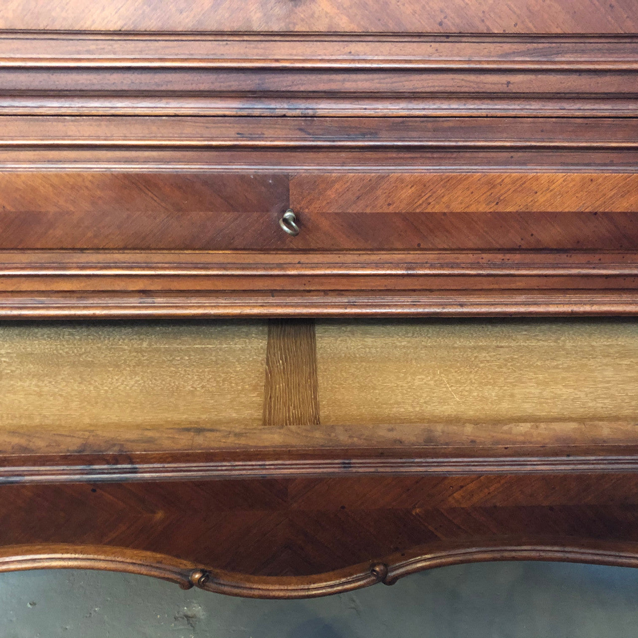 19th Century French Walnut five-drawer marble top commode. In good original detailed condition.