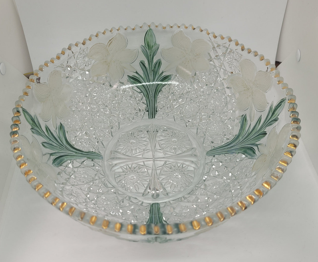 Beautiful unusual Edwardian glass bowl with hand painted features. It is in good original condition with some minor chips, please view photos has they help form part of the description.