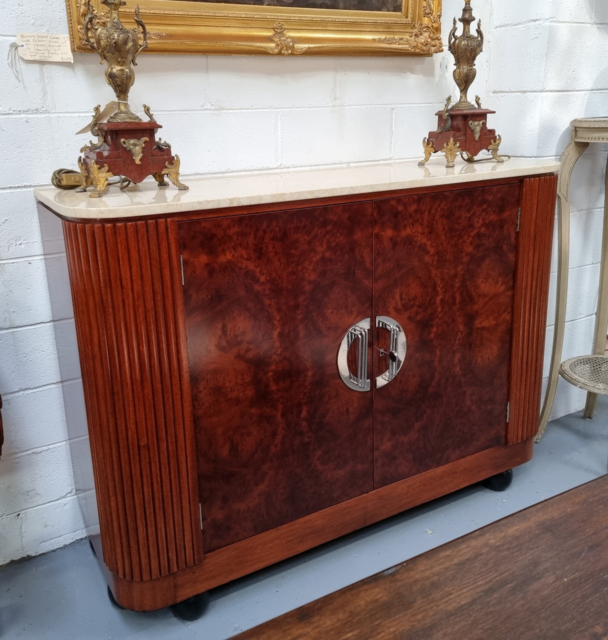 Beautiful Bespoke Art Deco style Walnut and Mahogany marble top buffet. In good original detailed condition.