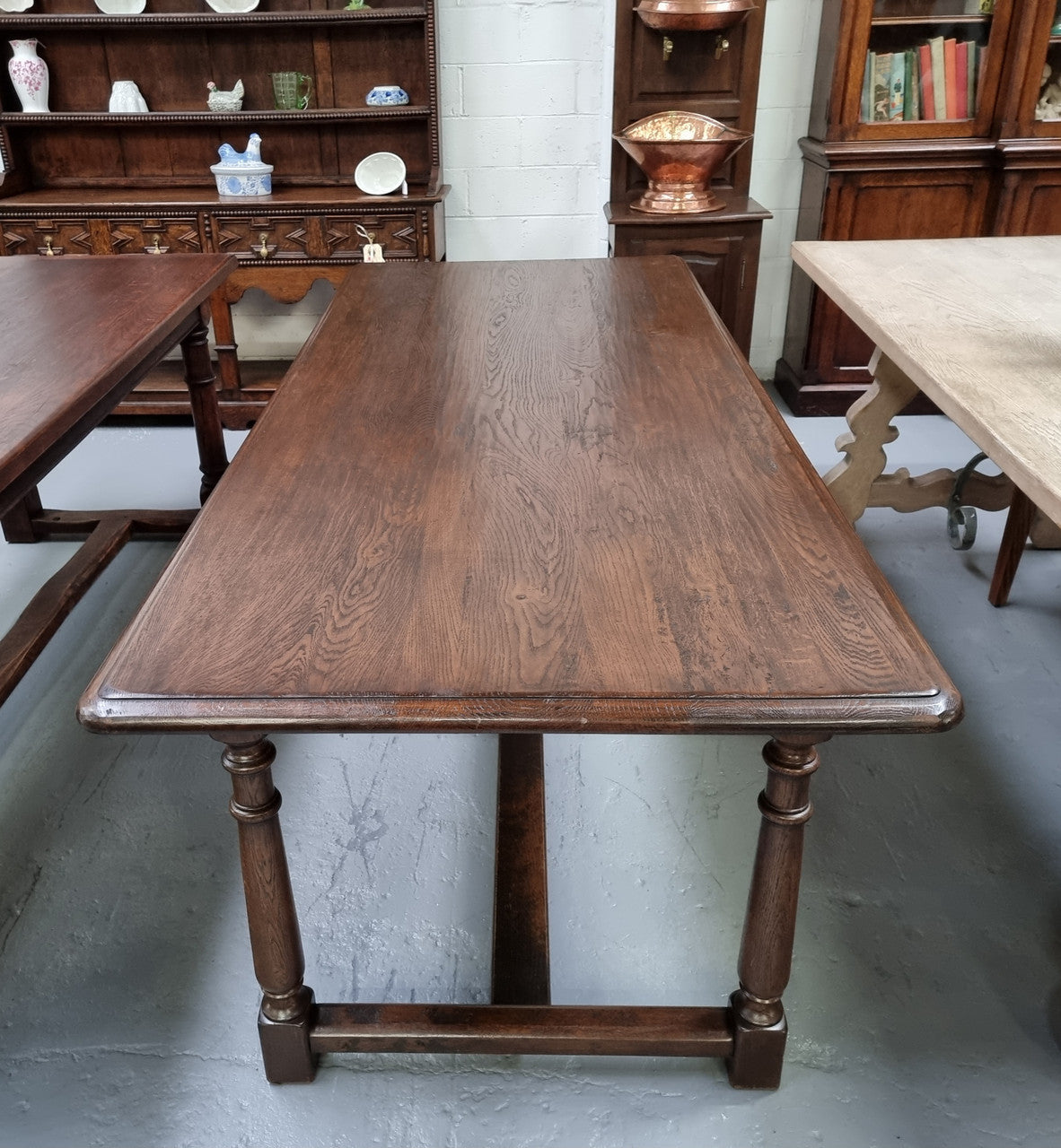 French Dark Oak Farmhouse Style Stretcher Base Dining Table