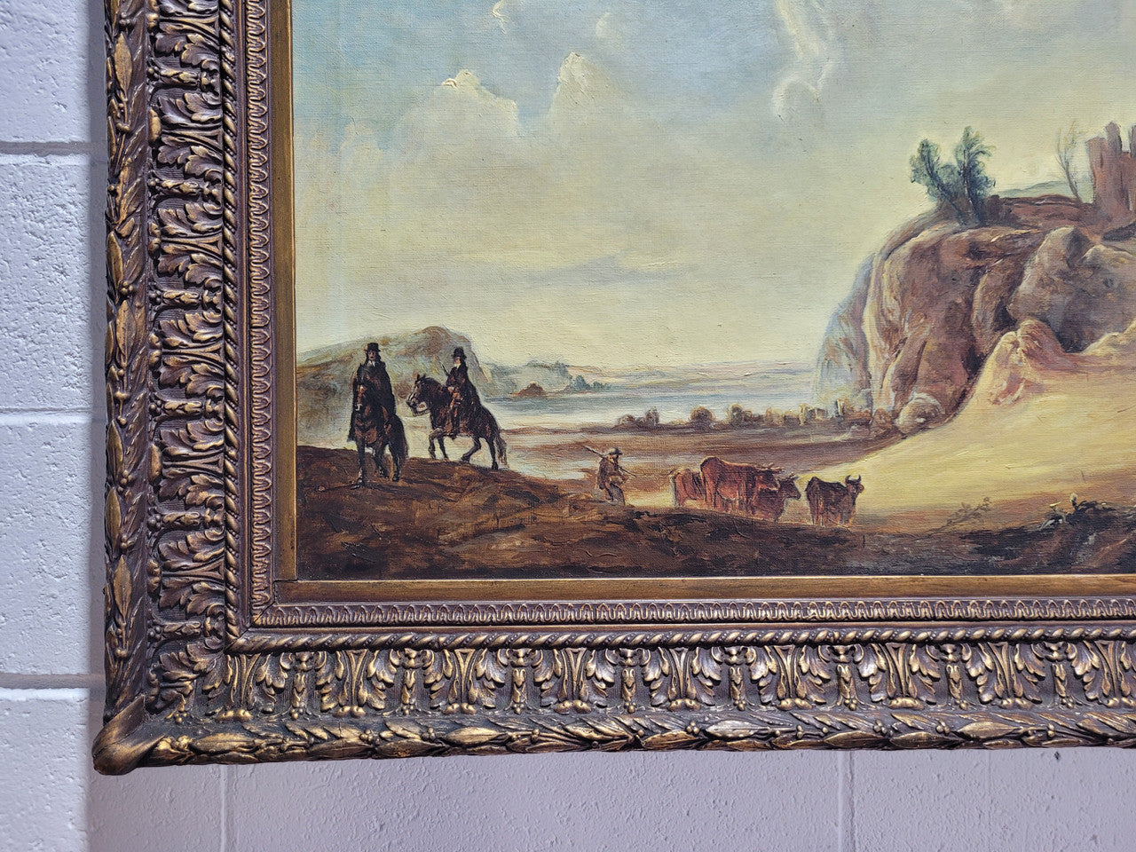 Fabulous 19th Century oil on canvas of travelers near castles and ruins landscape. In good original detailed condition.
