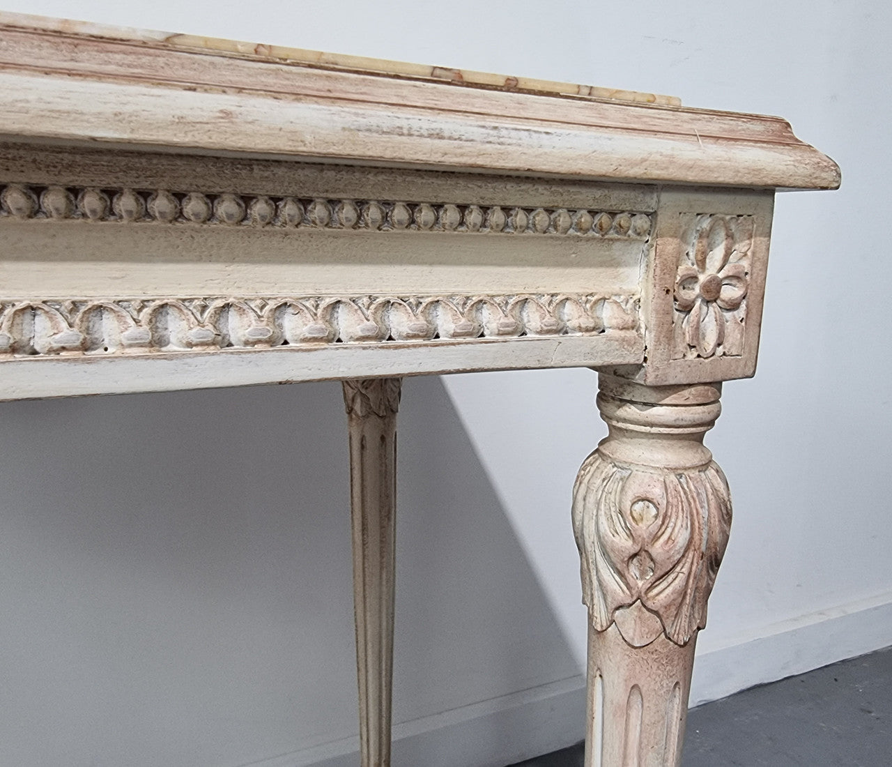 Louis XVI Painted & Marble Top Console Table With Two Drawers