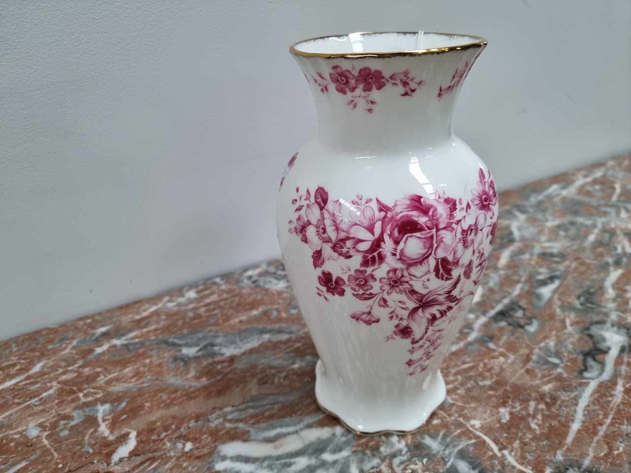 Pretty pink and white vintage "Royal Albert Paradise" Vase. In good condition please view photos as they help form part of the description.