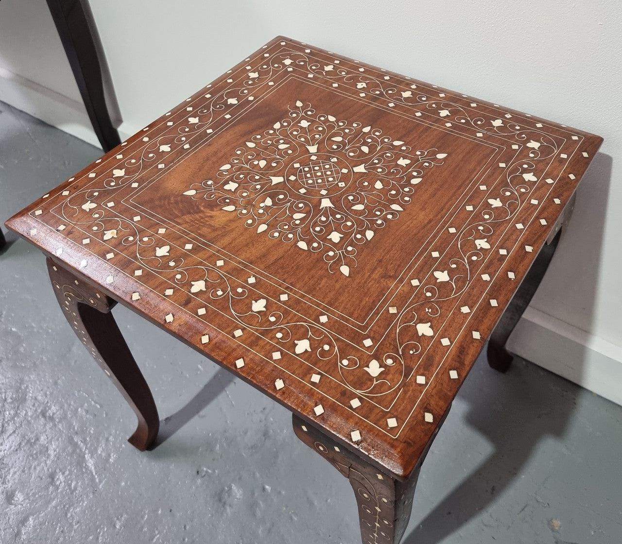 Stunning Indian Teak bone inlay square occasional table. In good original detailed condition.