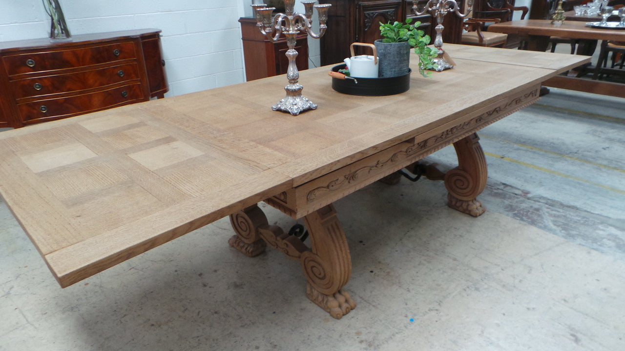 Antique French Oak Spanish Style Parquetry Top Extension Table