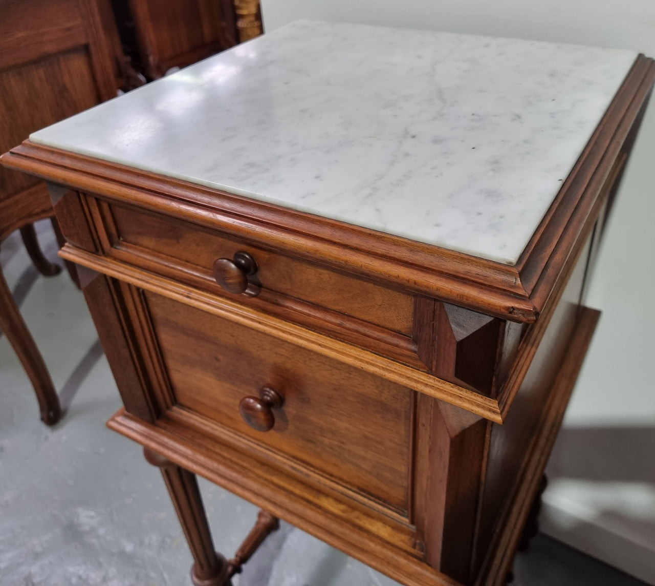 French Walnut Henry II Style Bedside Cabinet With White Marble Top