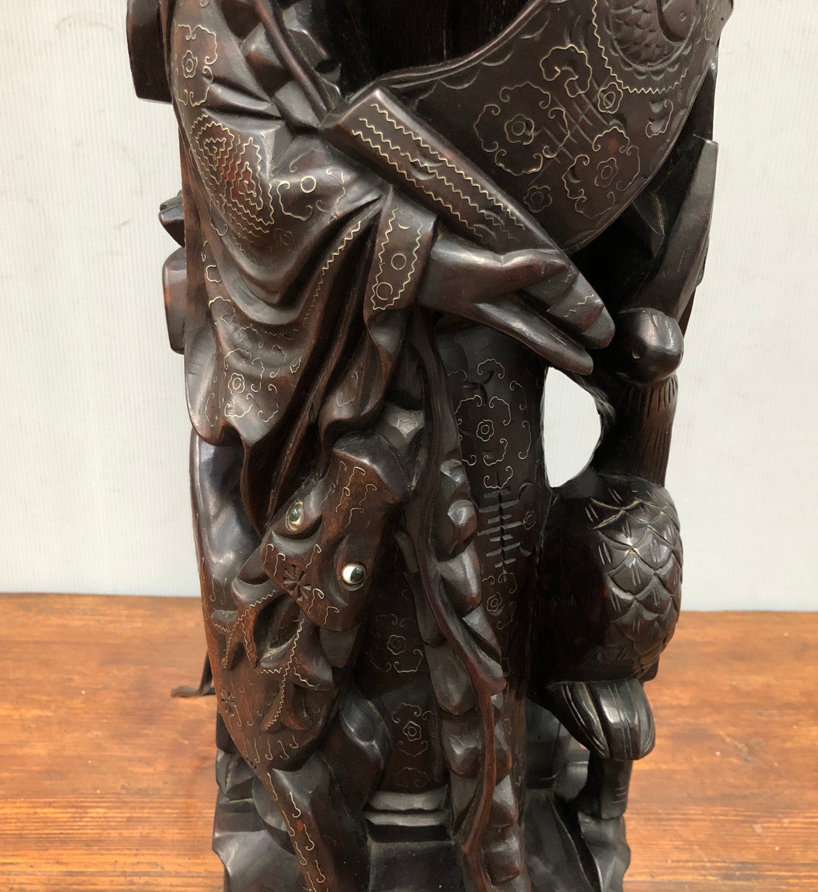 Antique Chinese hand carved Rosewood Immortal "Shou Xing" God of longevity lamp base. Profusely inlaid with brass cloisons. Meiji period Circa 1880.