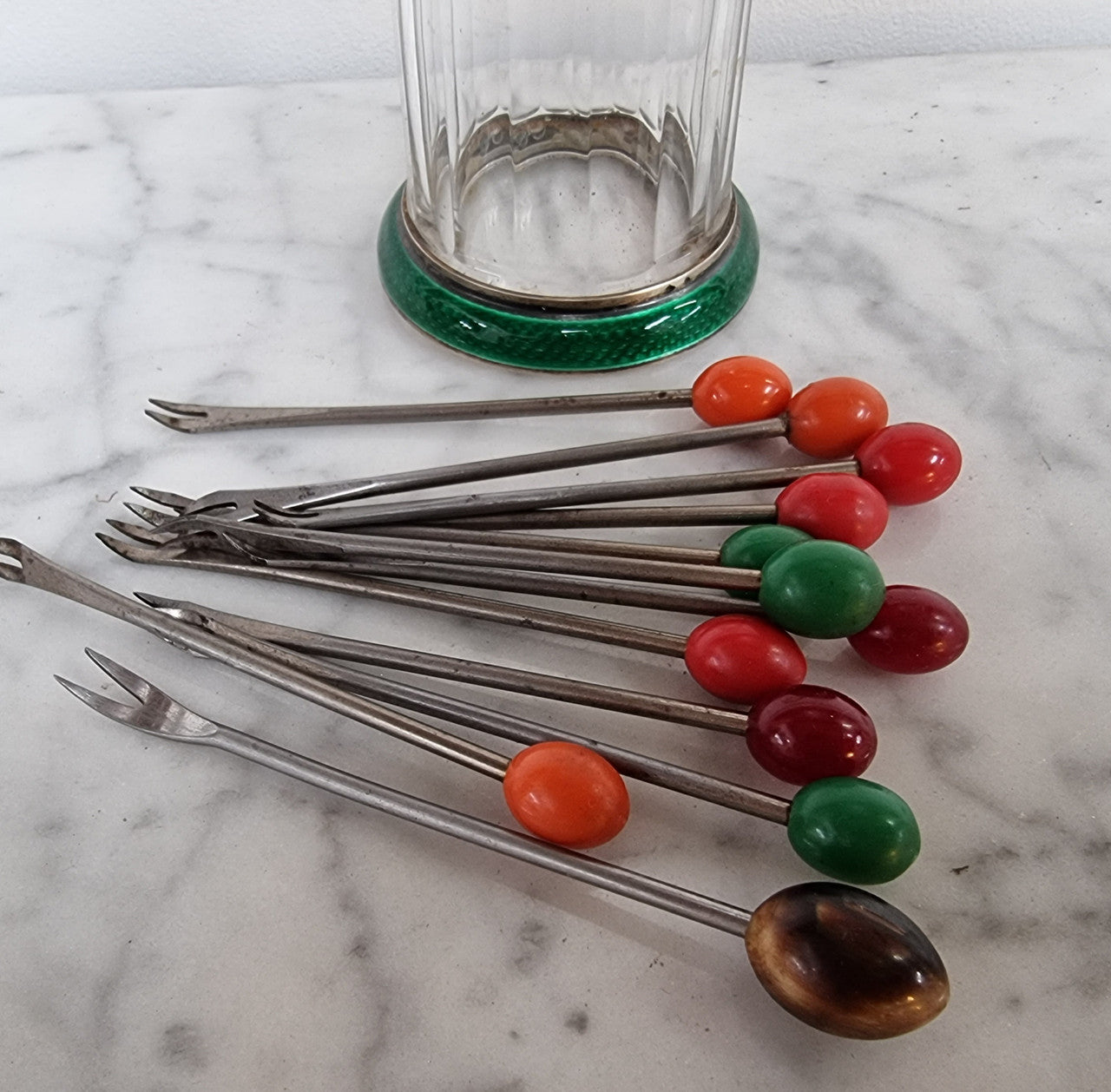 Rare French Silver, enamel and glass forks holder with 12 forks in good original condition, please view photos as they help form part of the description.